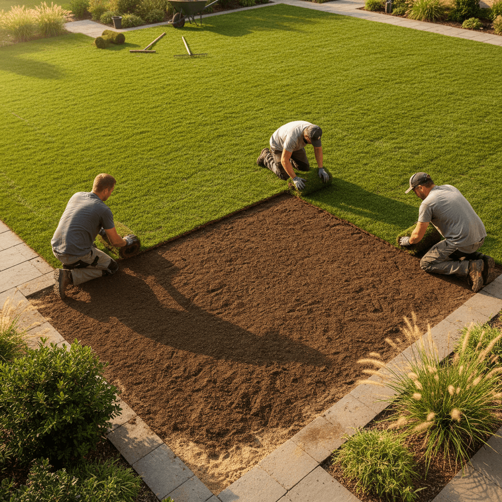 Sod installation in progress with installation team