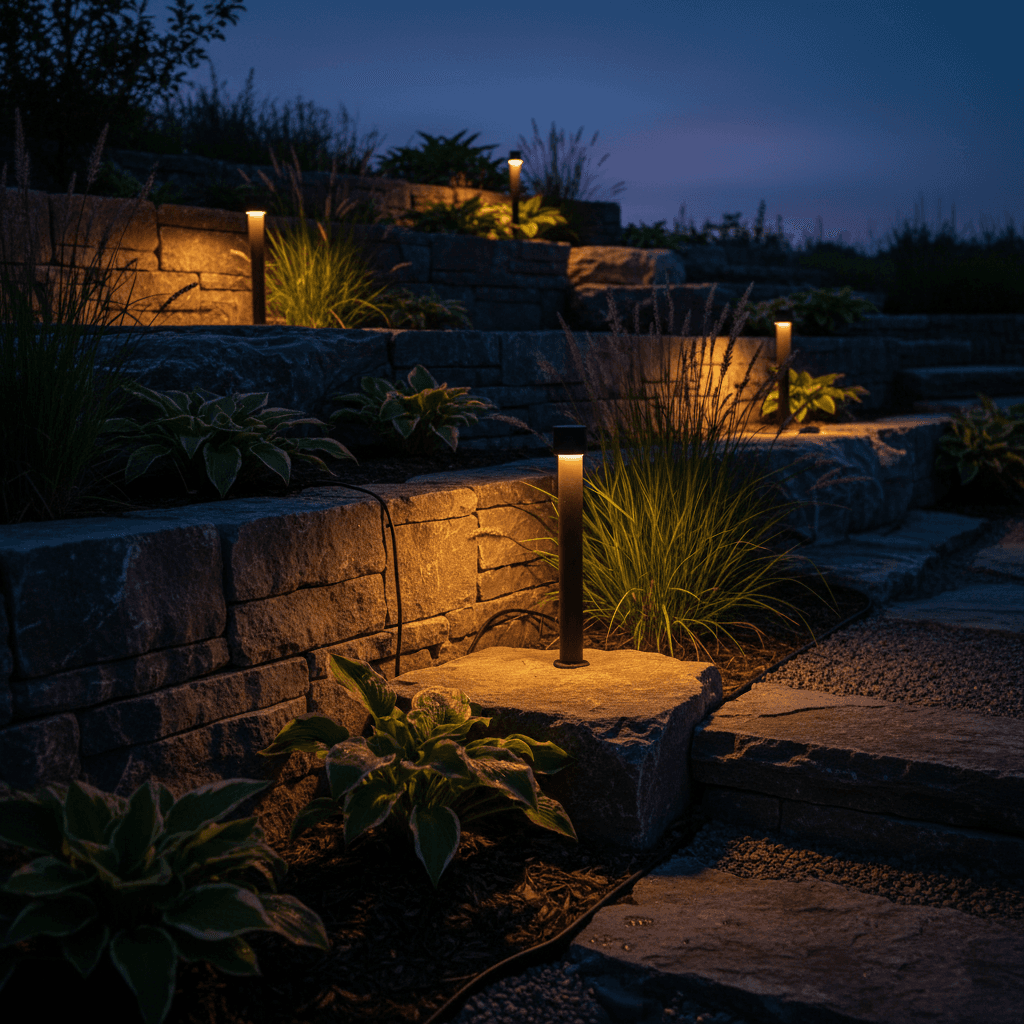 Outdoor landscape lighting illuminating hardscape and plants