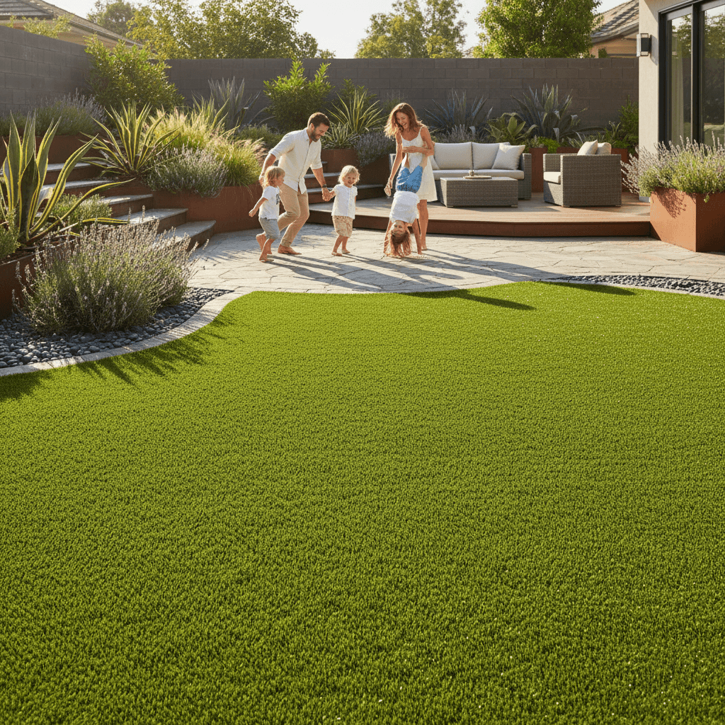 Residential backyard with newly installed synthetic grass