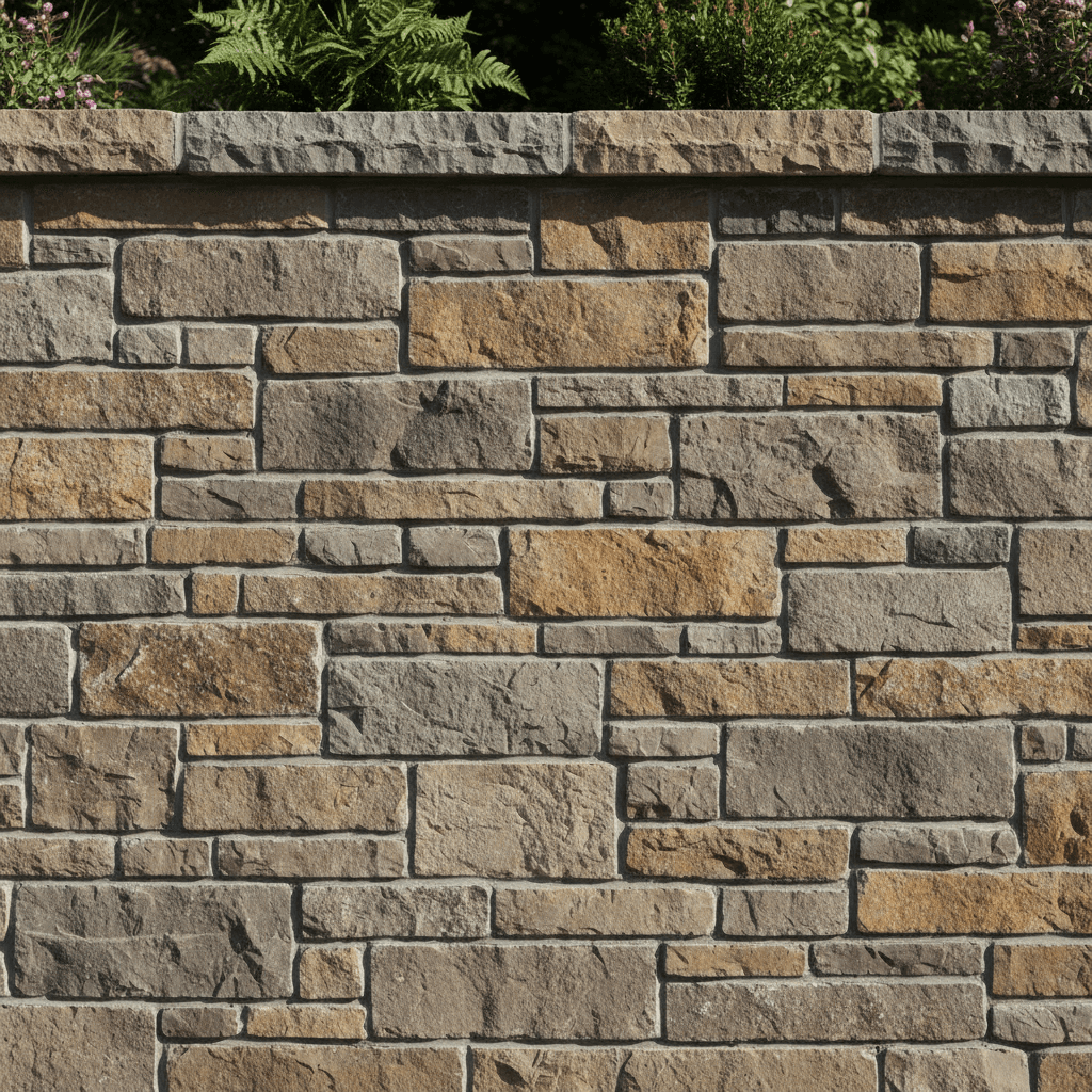 Stacked stone retaining wall with detailed masonry work