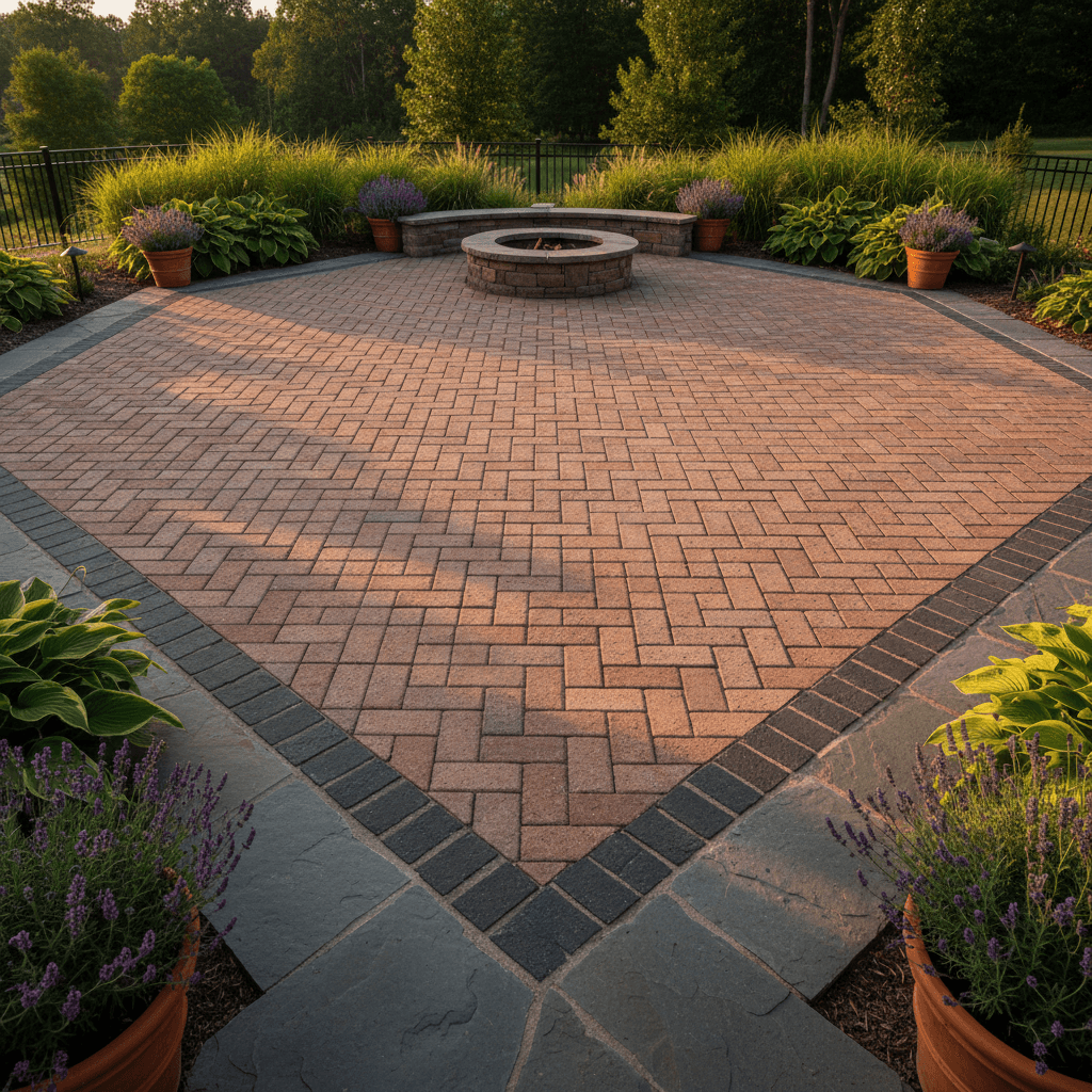 Brick and stone patio with interlocking pavers in herringbone pattern