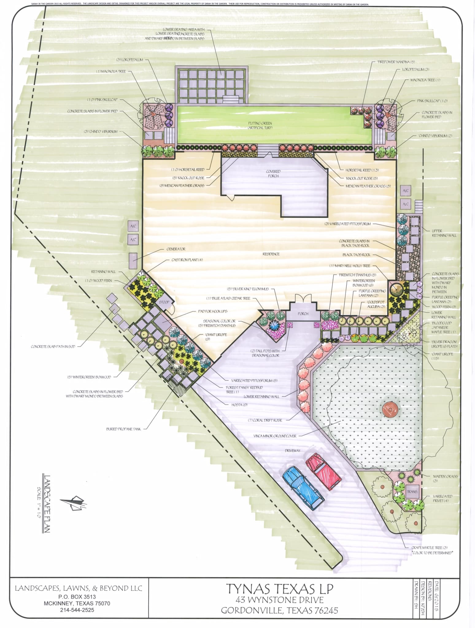 Detailed landscape design plan for a Texas residence featuring a putting green, driveway, and gardens.