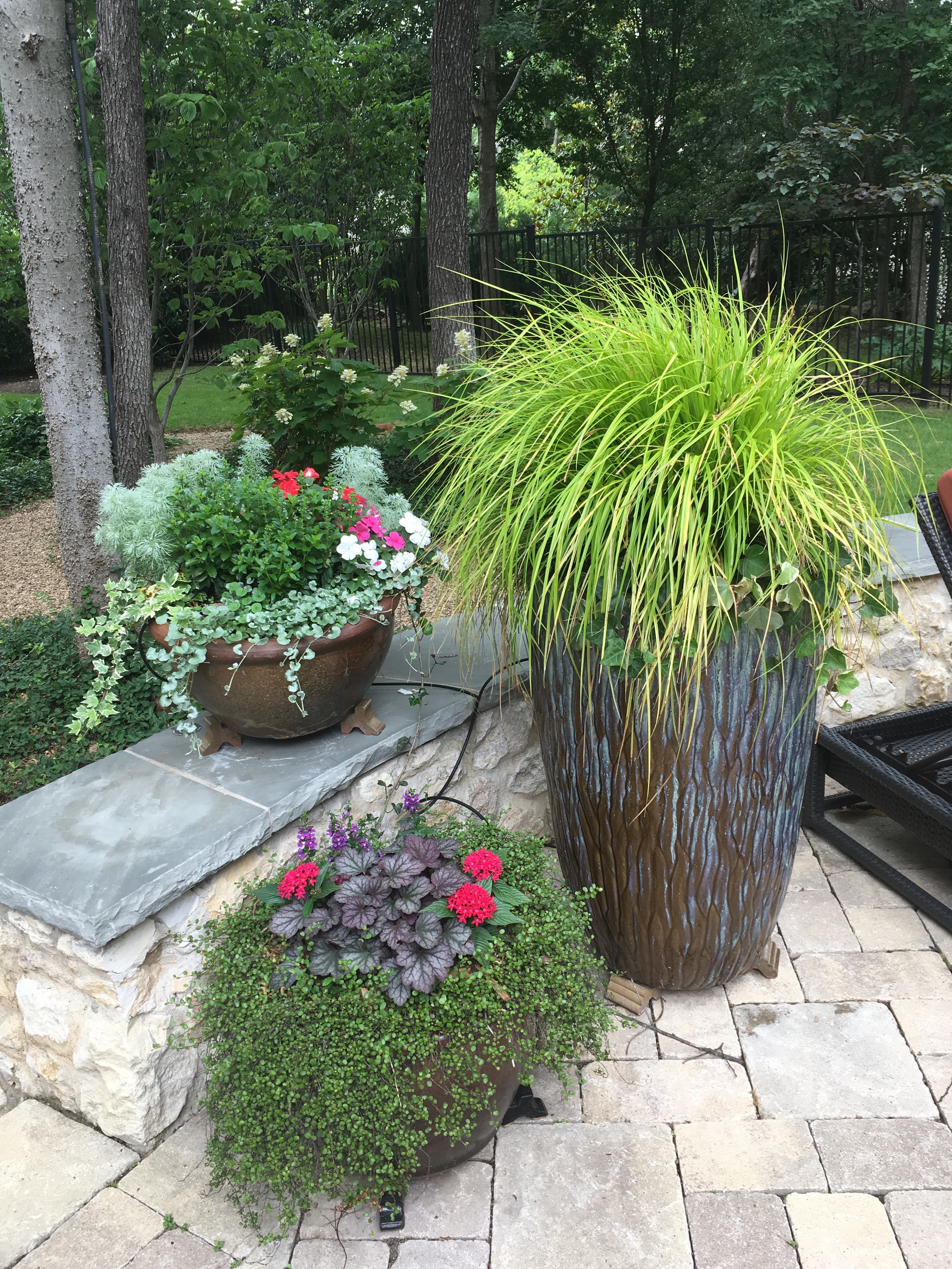 Vibrant green grass and colorful flowers in large decorative planters on a stone patio.