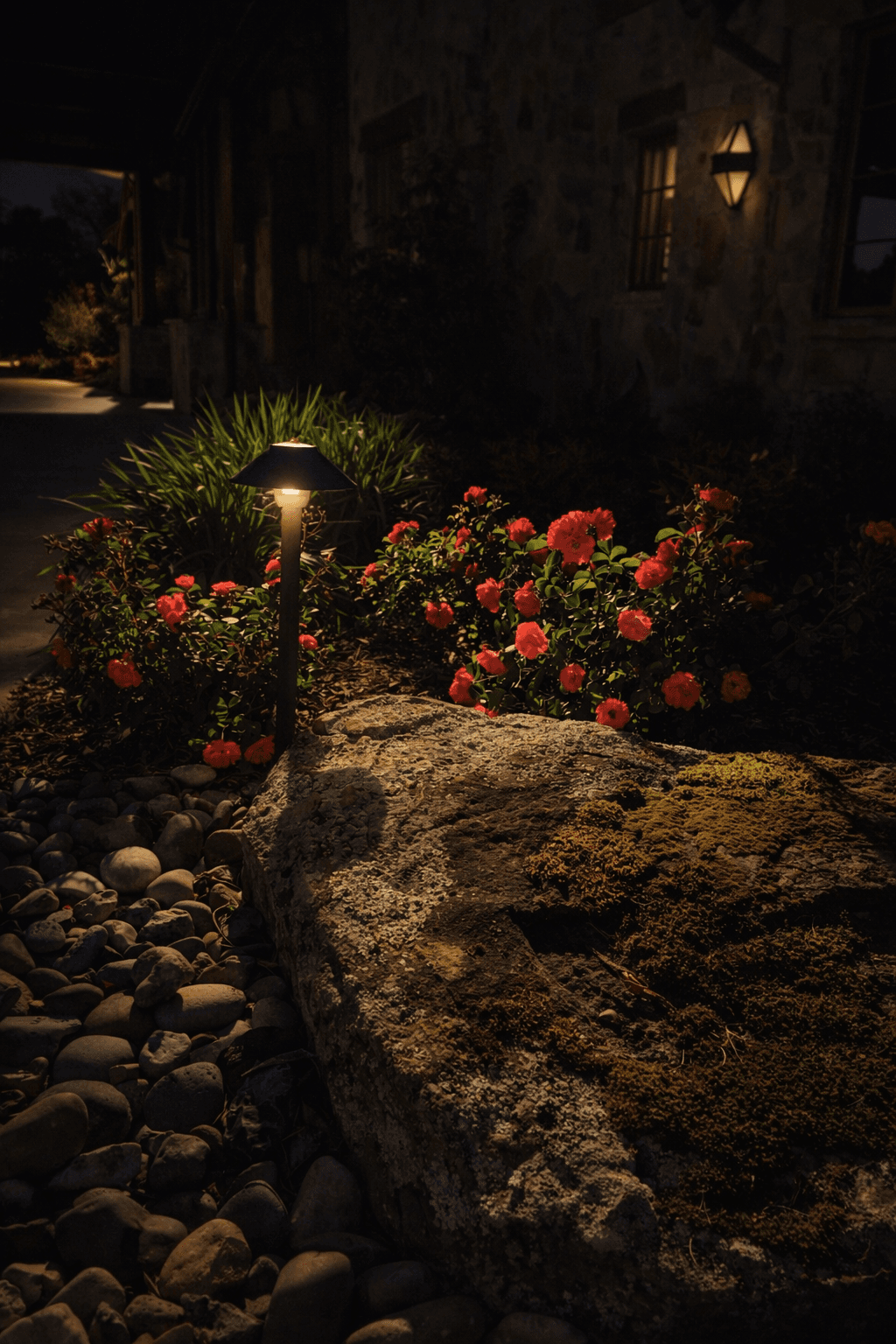 A garden path light illuminates red roses and a large mossy rock at night.